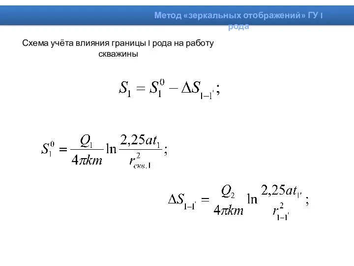 Схема учёта влияния границы I рода на работу скважины Метод «зеркальных отображений» ГУ I рода