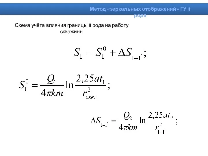 Схема учёта влияния границы II рода на работу скважины Метод «зеркальных отображений» ГУ II рода