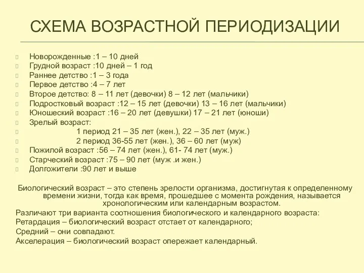 СХЕМА ВОЗРАСТНОЙ ПЕРИОДИЗАЦИИ Новорожденные :1 – 10 дней Грудной возраст