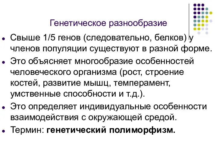 Генетическое разнообразие Свыше 1/5 генов (следовательно, белков) у членов популяции