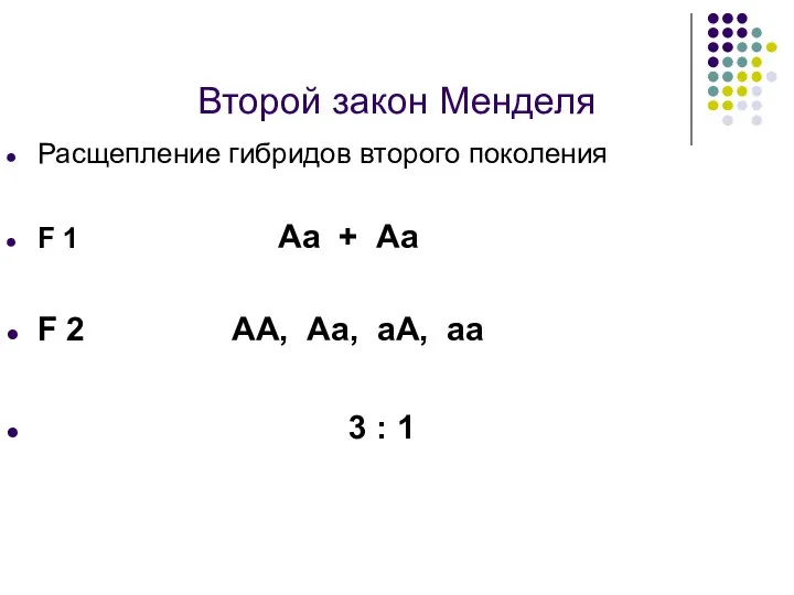 Второй закон Менделя Расщепление гибридов второго поколения F 1 Аа