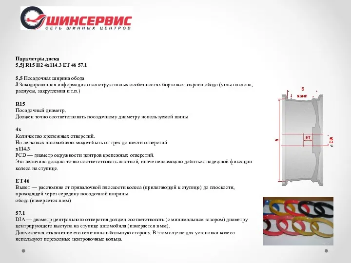 Параметры диска 5,5j R15 H2 4x114.3 ET 46 57.1 5,5