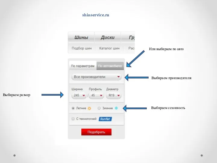 Выбираем производителя Выбираем размер Выбираем сезонность Или выбираем по авто Подбор шин shinservice.ru