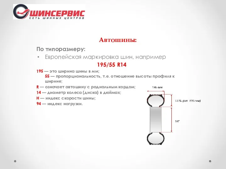 Автошины: По типоразмеру: Европейская маркировка шин, например 195/55 R14 195