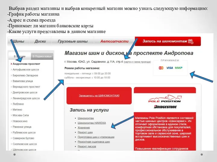 Выбрав раздел магазины и выбрав конкретный магазин можно узнать следующую