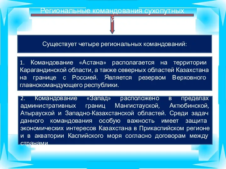 Региональные командования сухопутных войск Существует четыре региональных командований: 1. Командование