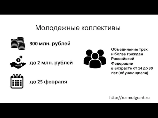 Молодежные коллективы 300 млн. рублей до 2 млн. рублей до