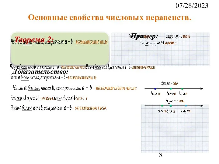 07/28/2023 Основные свойства числовых неравенств. Теорема 2: Доказательство: Пример: