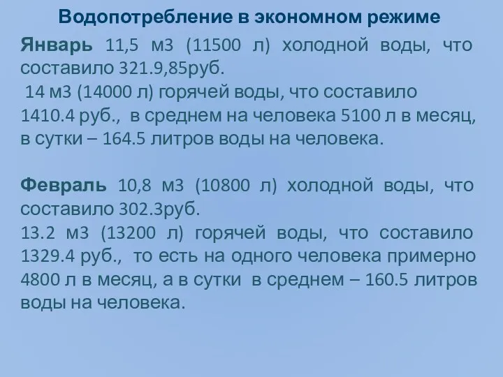 Водопотребление в экономном режиме Январь 11,5 м3 (11500 л) холодной