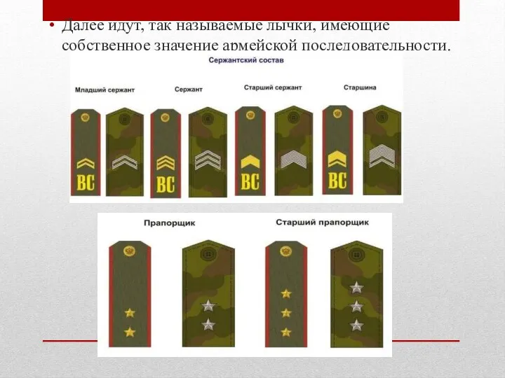 Далее идут, так называемые лычки, имеющие собственное значение армейской последовательности.