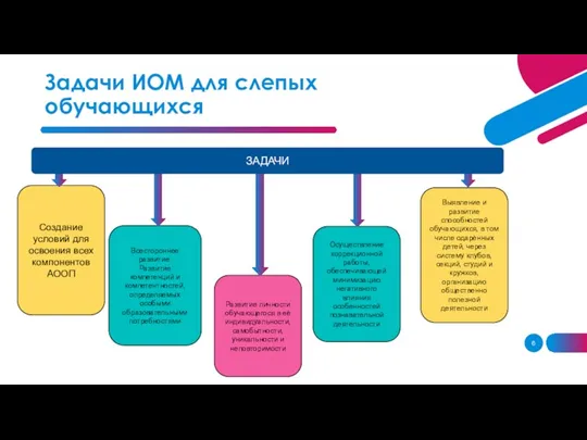 Задачи ИОМ для слепых обучающихся Создание условий для освоения всех