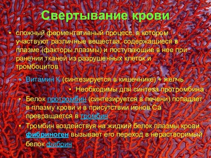 Свертывание крови Витамин К (синтезируется в кишечнике) + желчь Необходимы