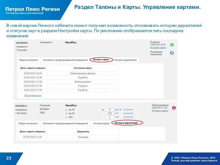 Раздел Талоны и Карты. Управление картами. © ООО «Петрол Плюс