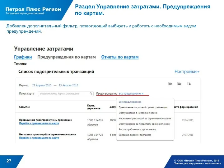 Раздел Управление затратами. Предупреждения по картам. © ООО «Петрол Плюс