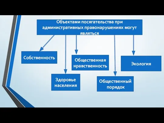 Объектами посягательства при административных правонарушениях могут являться Собственность Здоровье населения Общественная нравственность Общественный порядок Экология