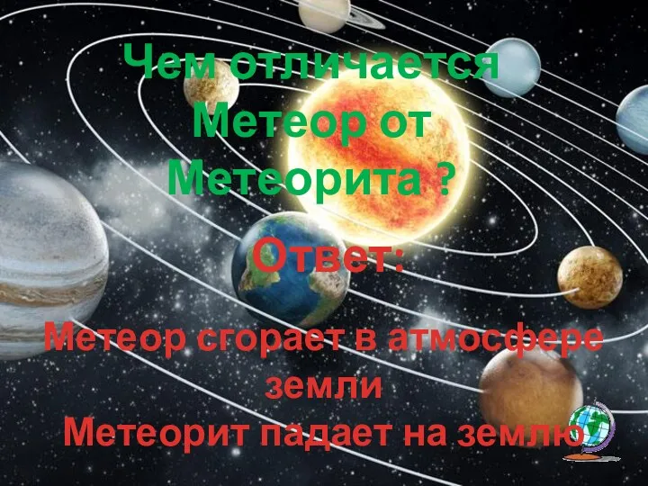 Ответ: Метеор сгорает в атмосфере земли Метеорит падает на землю Чем отличается Метеор от Метеорита ?