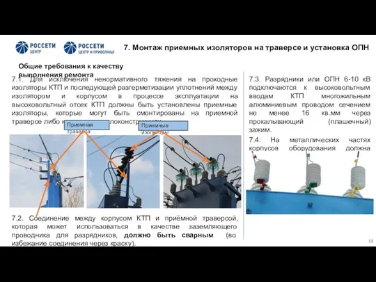 7. Монтаж приемных изоляторов на траверсе и установка ОПН 7.1.