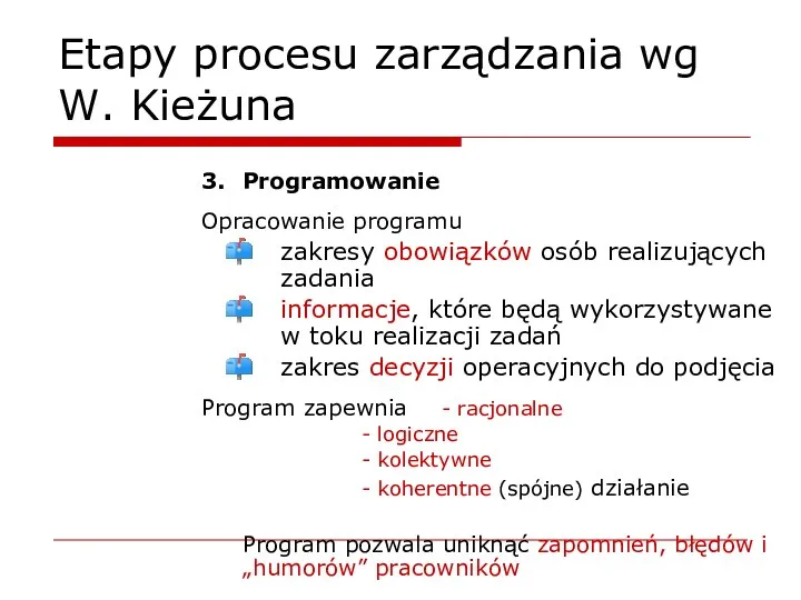 Etapy procesu zarządzania wg W. Kieżuna 3. Programowanie Opracowanie programu zakresy obowiązków osób