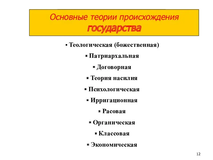 Теологическая (божественная) Патриархальная Договорная Теория насилия Психологическая Ирригационная Расовая Органическая Классовая Экономическая Основные теории происхождения государства