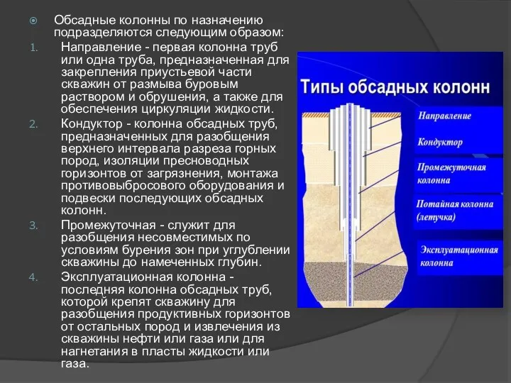 Обсадные колонны по назначению подразделяются следующим образом: Направление - первая