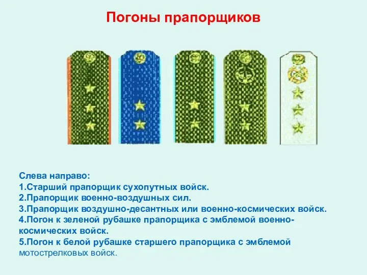 Погоны прапорщиков Слева направо: 1.Старший прапорщик сухопутных войск. 2.Прапорщик военно-воздушных