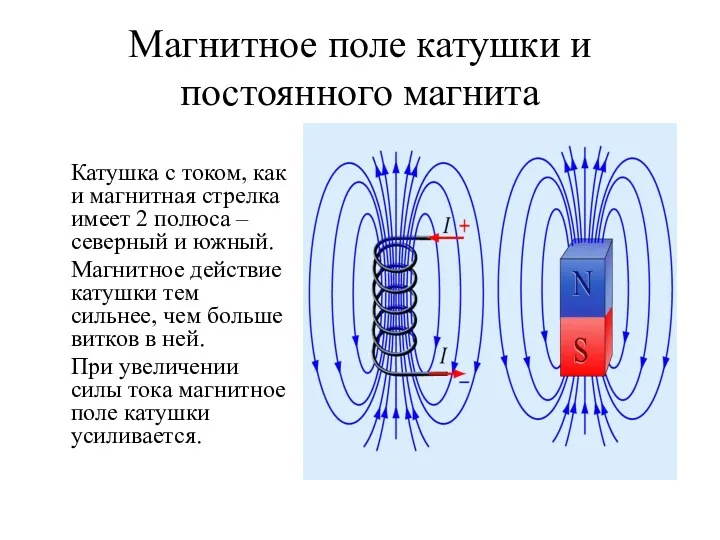 Магнитное поле катушки и постоянного магнита Катушка с током, как