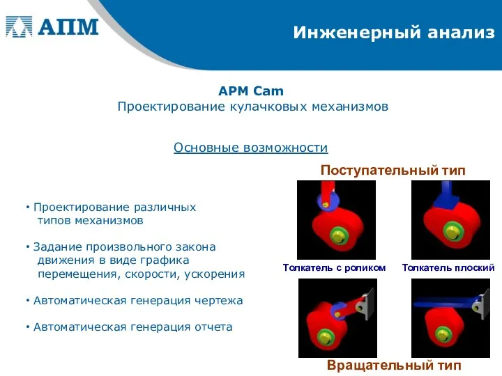 Инженерный анализ APM Cam Проектирование кулачковых механизмов Основные возможности Проектирование