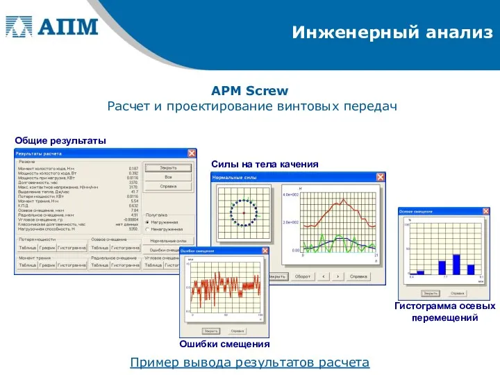 Инженерный анализ Пример вывода результатов расчета APM Screw Расчет и проектирование винтовых передач