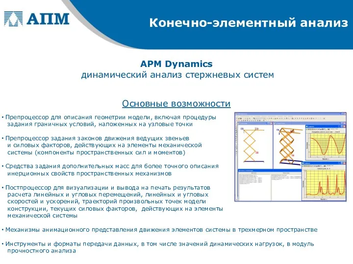 APM Dynamics динамический анализ стержневых систем Конечно-элементный анализ Основные возможности Препроцессор для описания