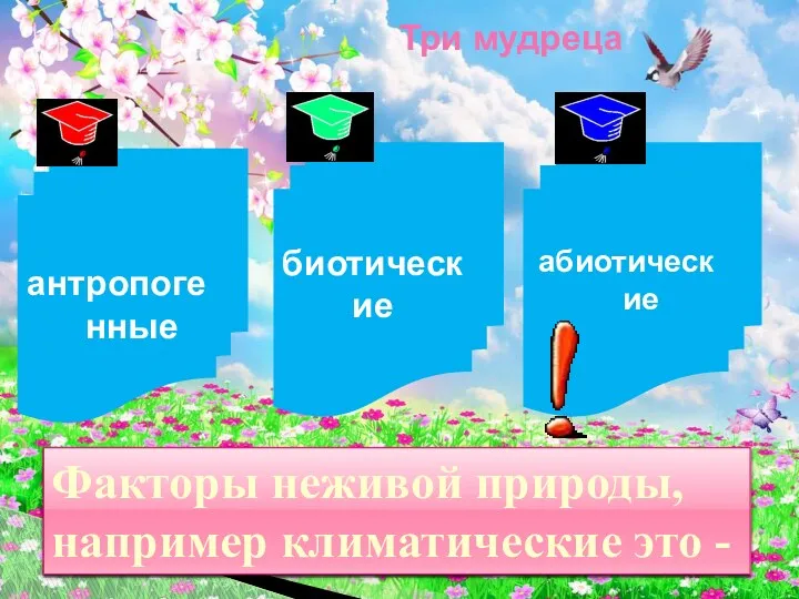 Три мудреца антропогенные биотические абиотические Факторы неживой природы, например климатические это -