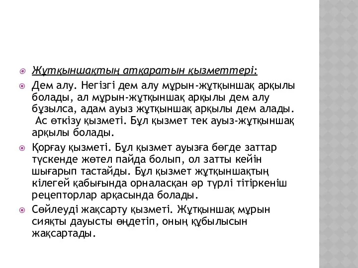 Жұтқыншақтың атқаратын қызметтері: Дем алу. Негізгі дем алу мұрын-жұтқыншақ арқылы