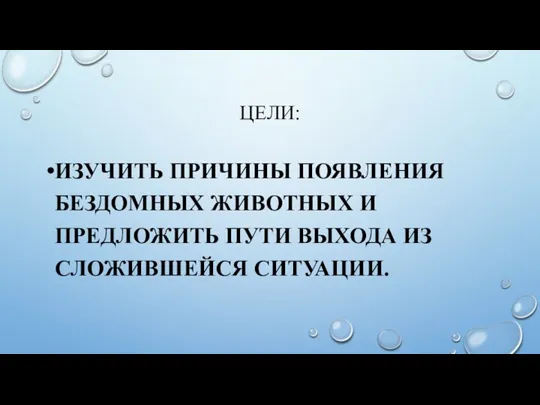 ЦЕЛИ: ИЗУЧИТЬ ПРИЧИНЫ ПОЯВЛЕНИЯ БЕЗДОМНЫХ ЖИВОТНЫХ И ПРЕДЛОЖИТЬ ПУТИ ВЫХОДА ИЗ СЛОЖИВШЕЙСЯ СИТУАЦИИ.