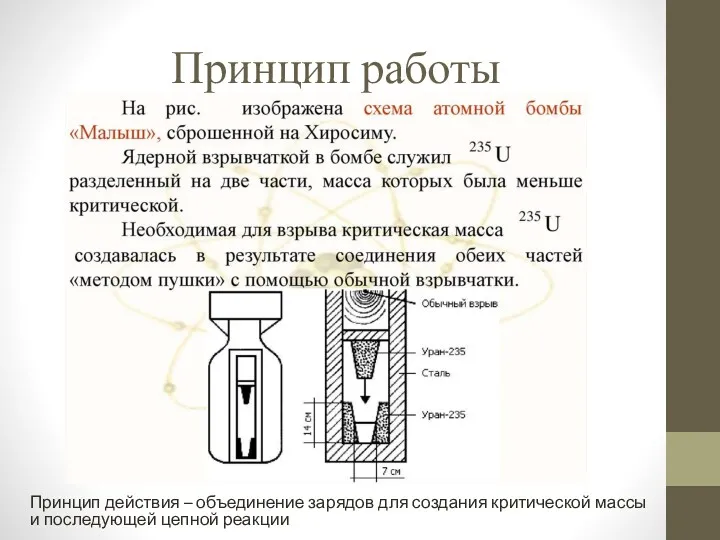 Принцип работы Принцип действия – объединение зарядов для создания критической массы и последующей цепной реакции