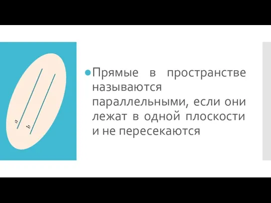 Прямые в пространстве называются параллельными, если они лежат в одной плоскости и не пересекаются