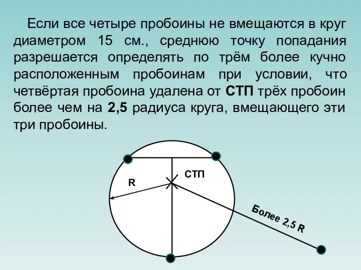 Если все четыре пробоины не вмещаются в круг диаметром 15 см., среднюю точку