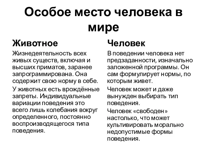 Особое место человека в мире Животное Жизнедеятельность всех живых существ,