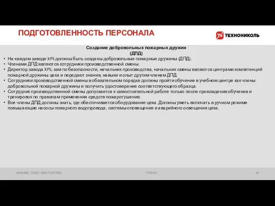 ПОДГОТОВЛЕННОСТЬ ПЕРСОНАЛА 17/03/20 ЗНАНИЕ. ОПЫТ. МАСТЕРСТВО. Создание добровольных пожарных дружин