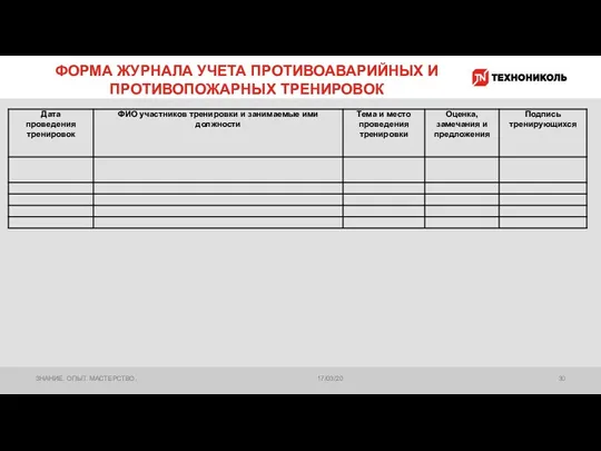 ФОРМА ЖУРНАЛА УЧЕТА ПРОТИВОАВАРИЙНЫХ И ПРОТИВОПОЖАРНЫХ ТРЕНИРОВОК 17/03/20 ЗНАНИЕ. ОПЫТ. МАСТЕРСТВО.