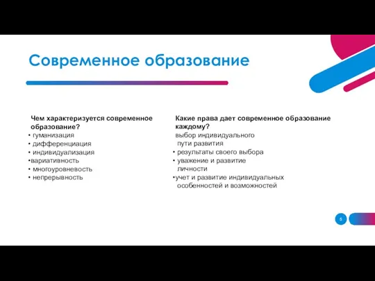 Современное образование Чем характеризуется современное образование? гуманизация дифференциация индивидуализация вариативность