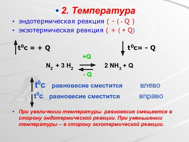 2. Температура эндотермическая реакция ( - ( - Q )