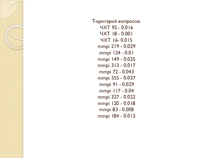 T-критерий вопросов. ЧХТ 92 - 0.016 ЧХТ 18 - 0.001