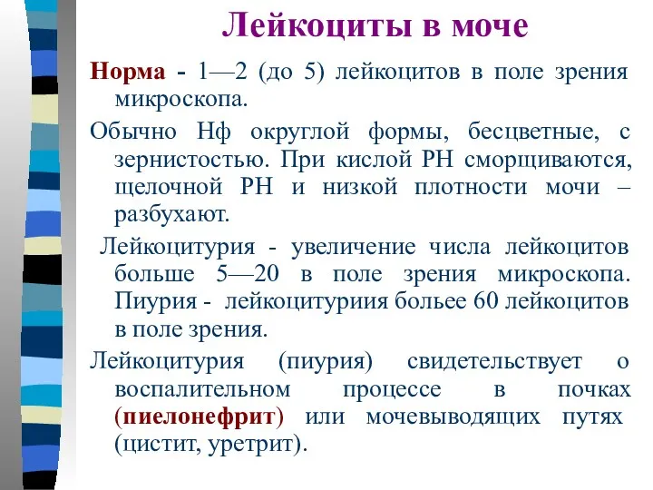 Лейкоциты в моче Норма - 1—2 (до 5) лейкоцитов в