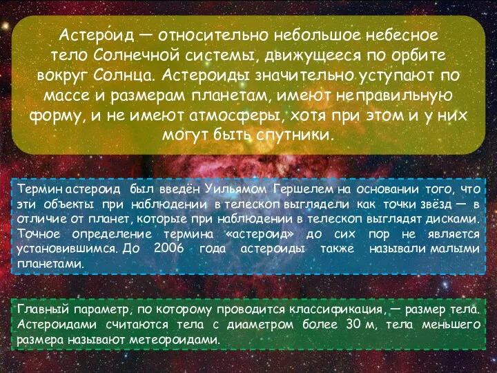 Астеро́ид — относительно небольшое небесное тело Солнечной системы, движущееся по