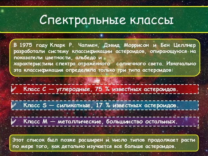 Спектральные классы В 1975 году Кларк Р. Чапмен, Дэвид Моррисон