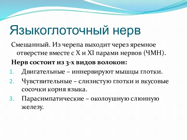 Языкоглоточный нерв Смешанный. Из черепа выходит через яремное отверстие вместе с X и