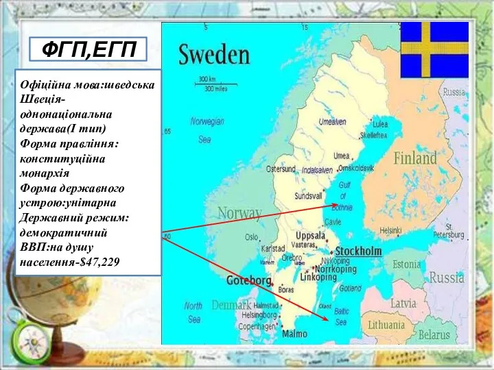 Площа:449 964 км² Столиця:Стокгольм Населення(2016р):9 582 181 Країни-сусіди:зх-Норвегія Пн-сх-Фінляндія Омивається:пд-Балтійське