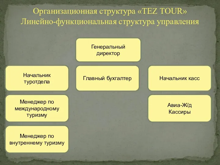 Организационная структура «TEZ TOUR» Линейно-функциональная структура управления Генеральный директор Начальник касс Главный бухгалтер