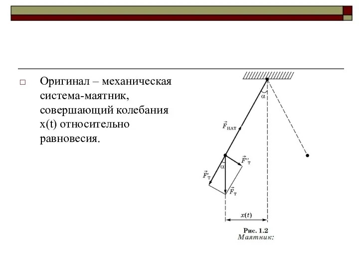 Оригинал – механическая система-маятник, совершающий колебания x(t) относительно равновесия.