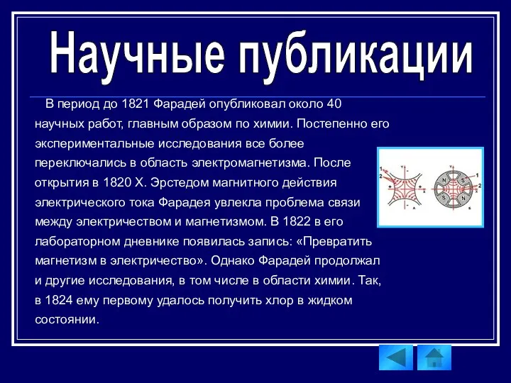 В период до 1821 Фарадей опубликовал около 40 научных работ, главным образом по