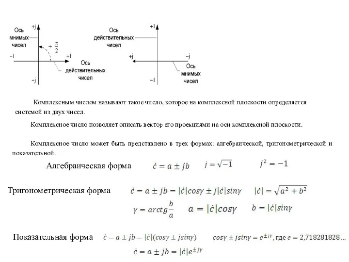 Алгебраическая форма Тригонометрическая форма Показательная форма